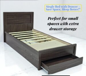 Wenge color single bed with front storage drawer, wooden frame, size 190x90 cm