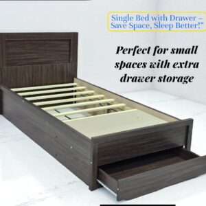 Wenge color single bed with front storage drawer, wooden frame, size 190x90 cm